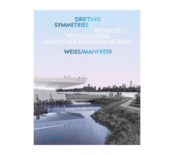 Cover of "Drifting Symmetries" showing a modern architectural structure with reflective water and city skyline in the background.