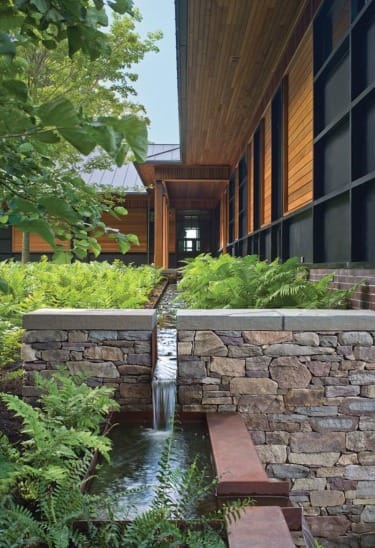Stone wall with small waterfall and lush green plants in front of a modern building with wood paneling and large windows