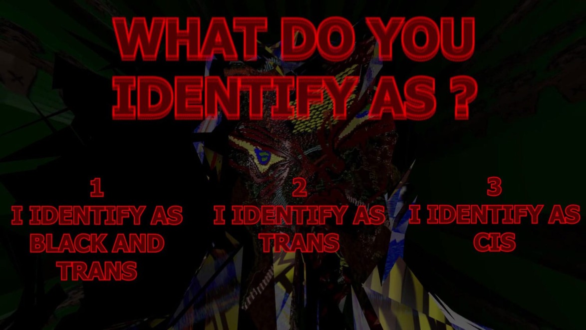 Colorful abstract image with text asking "What do you identify as?" followed by options: Black and Trans, Trans, and Cis.