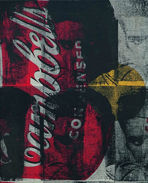 Pop art collage featuring Campbell's soup text and abstract faces in red, yellow, and black.