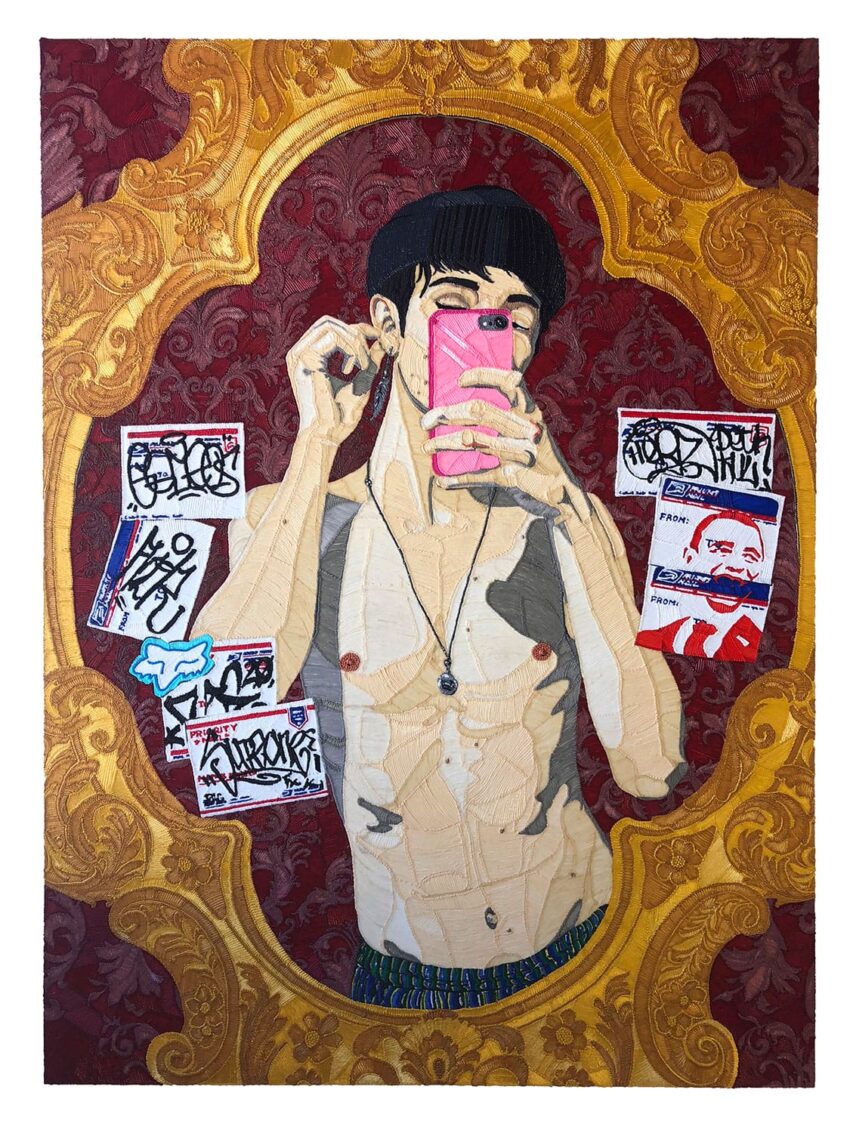 Artwork of a person taking a selfie in a decorative mirror, surrounded by graffiti-like stickers and intricate patterns.