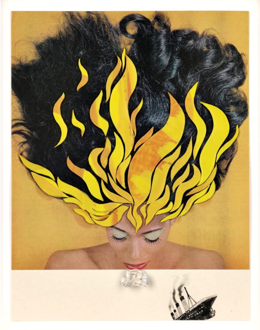 A woman with stylized flames in her hair and a small image of a sinking ship at the bottom of a surreal artistic collage.