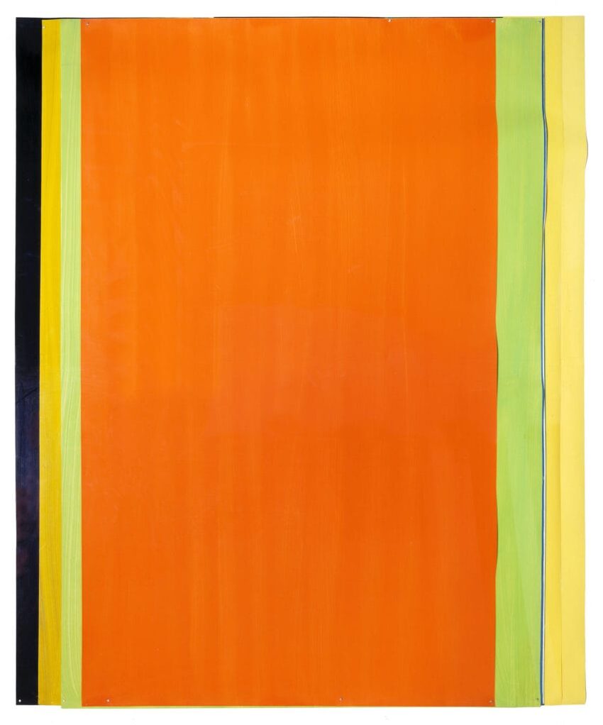 Abstract artwork with vertical stripes in orange, yellow, green, and black tones on a rectangular canvas.
