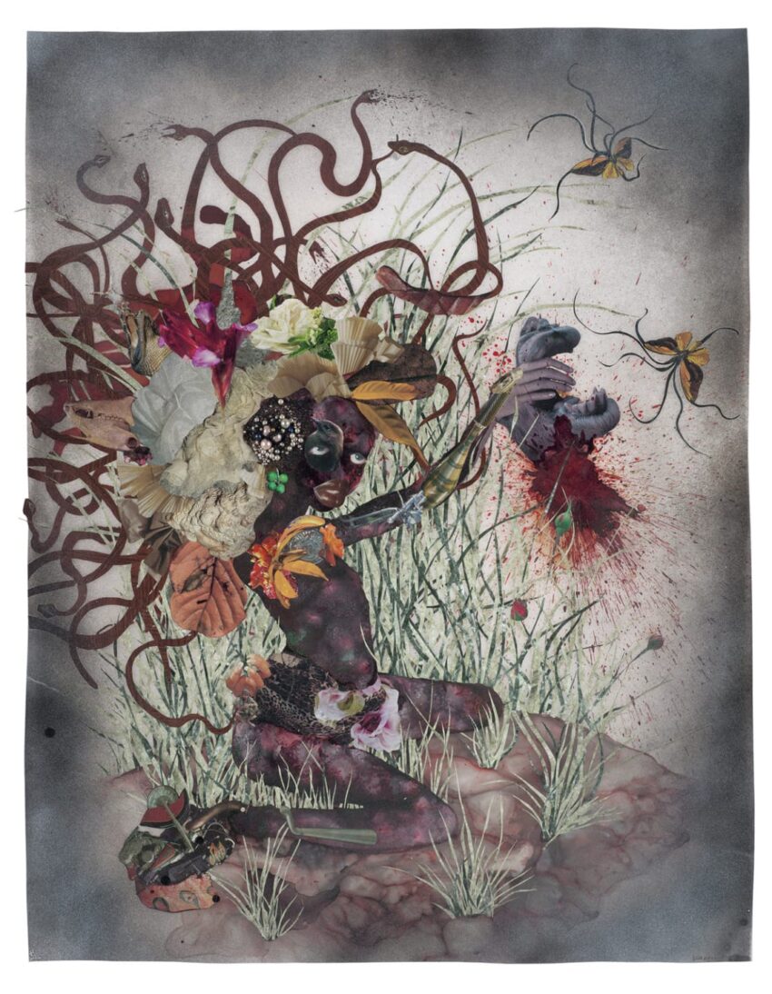 Surreal artwork of a figure merging with nature, adorned with flowers, grass, and twirling vines, butterflies nearby.