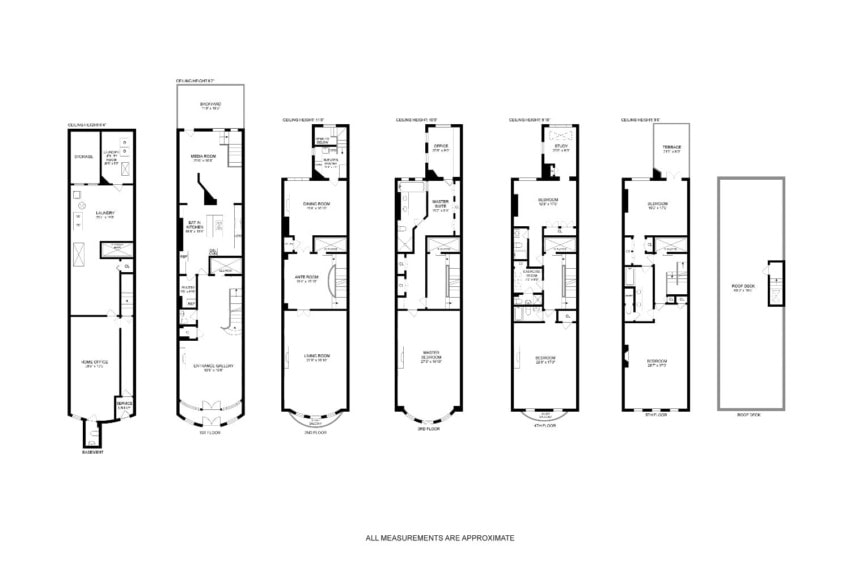 Floor plans showcasing multiple levels of a building with detailed room layouts and approximate measurements.