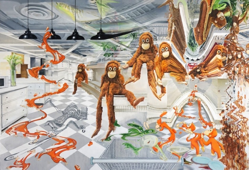 Surreal kitchen scene with monkeys, checkered floor, and swirling shopping carts creating a whimsical atmosphere.