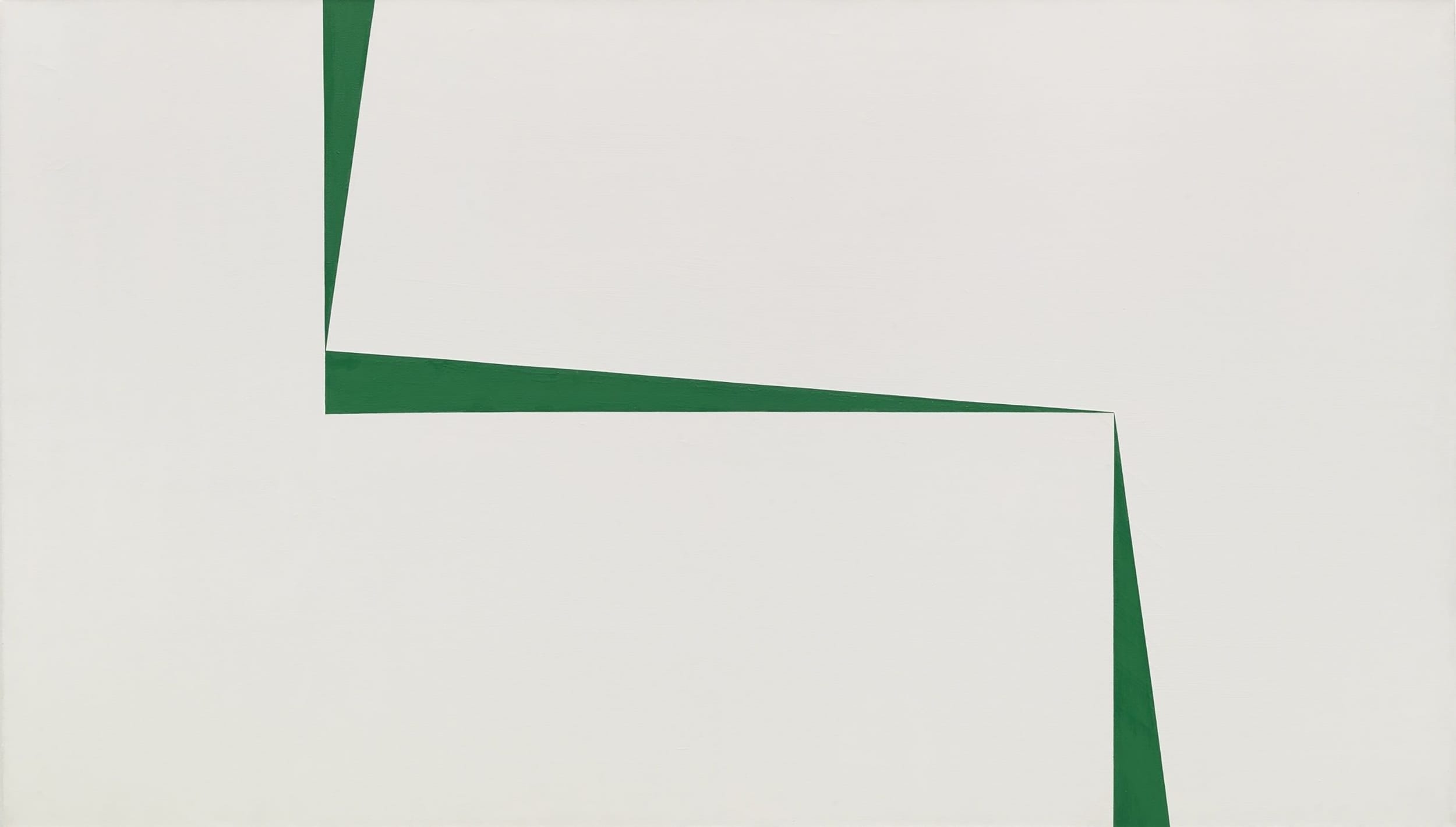 Abstract artwork featuring bold green geometric shapes on a white background, creating a minimalist design.
