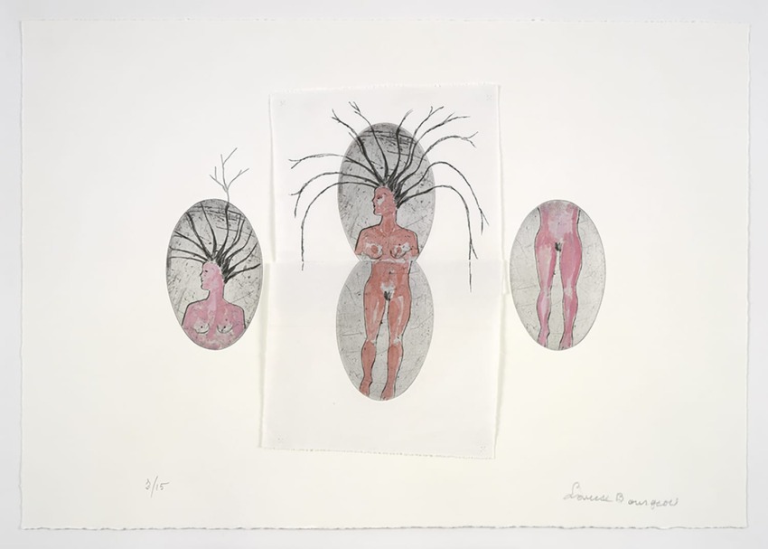 Abstract artwork featuring three human figures with branches extending from their heads, arranged in overlapping ovals.