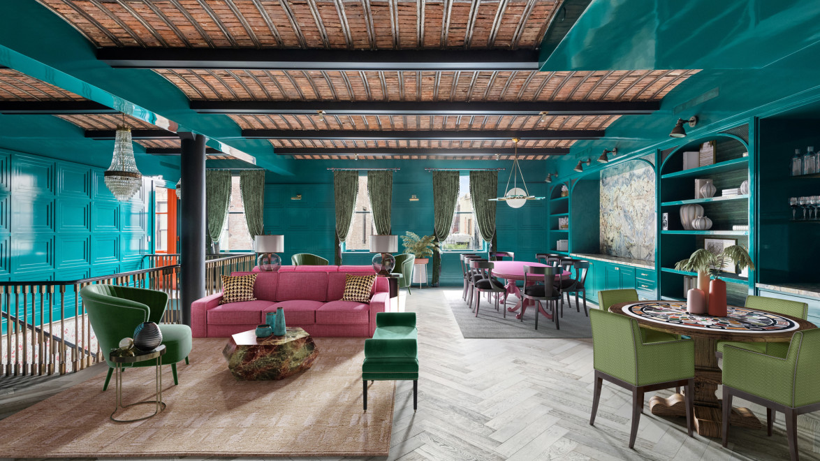 Spacious, colorful living room with teal walls, pink sofa, and herringbone wood floor, featuring eclectic modern decor.