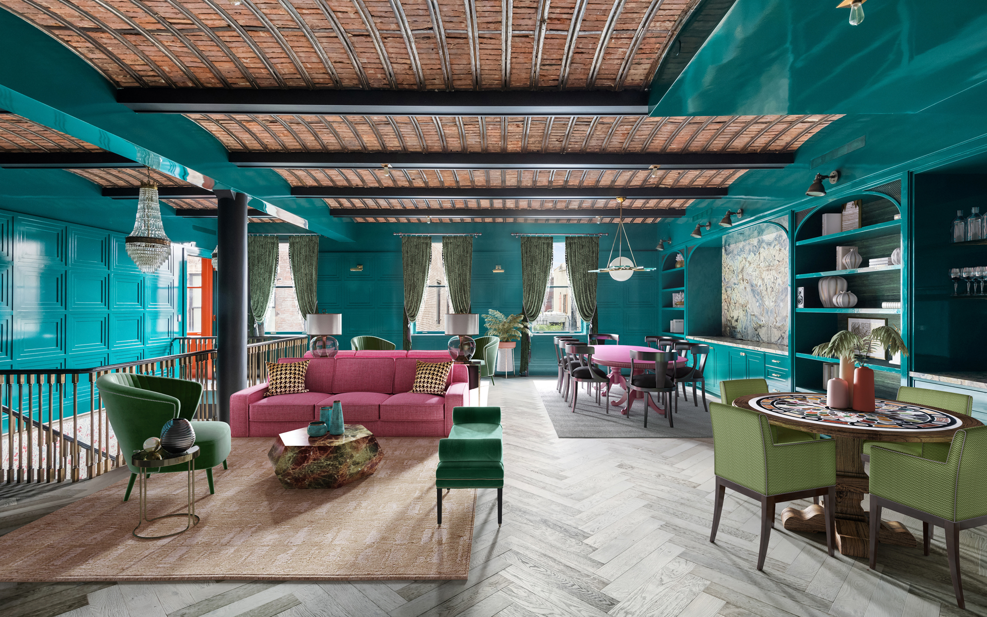 Spacious, colorful living room with teal walls, pink sofa, and herringbone wood floor, featuring eclectic modern decor.