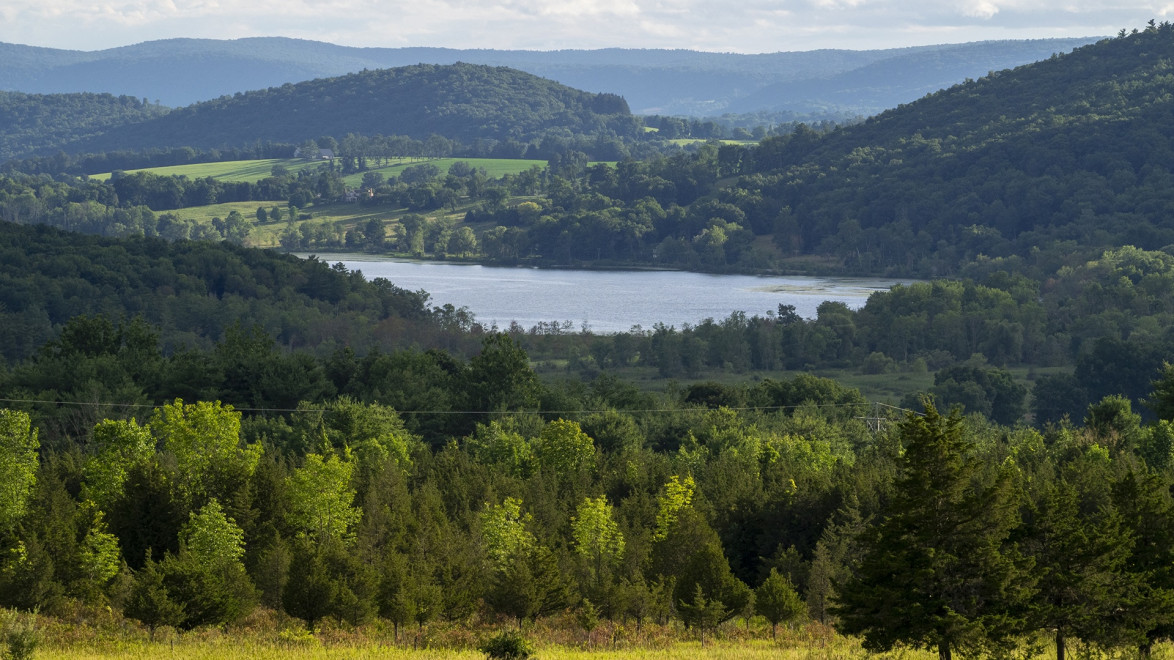 Scenic view of lush green hills surrounding a tranquil lake under a cloudy sky.