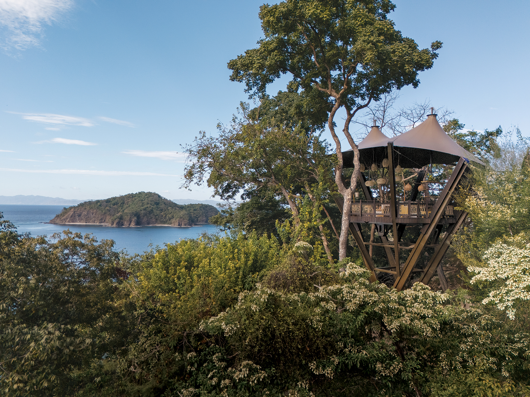 Treehouse overlooking lush greenery and ocean with distant island in a tropical setting under a clear blue sky.