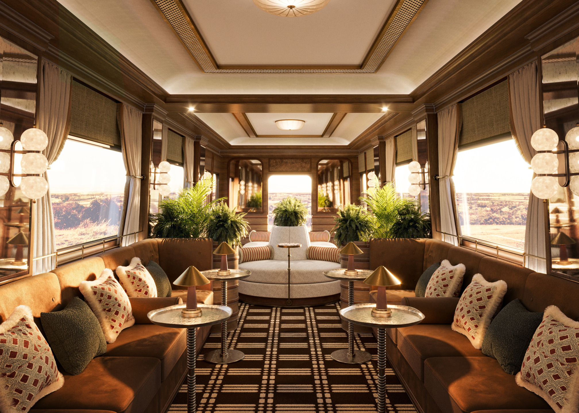 luxurious vintage train interior with elegant seating, patterned carpet, and large windows showcasing scenic views