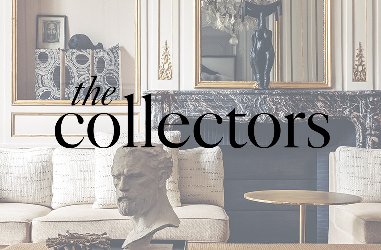 Room with ornate decor, marble fireplace, sculptures, and text overlay "the collectors".