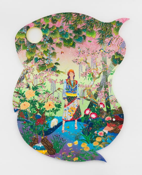 Colorful surreal artwork featuring a person in a vibrant garden with flowers, trees, and abstract shapes.