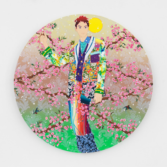 Illustration of a person in colorful attire standing in front of blooming pink flowers with a bright yellow sun overhead