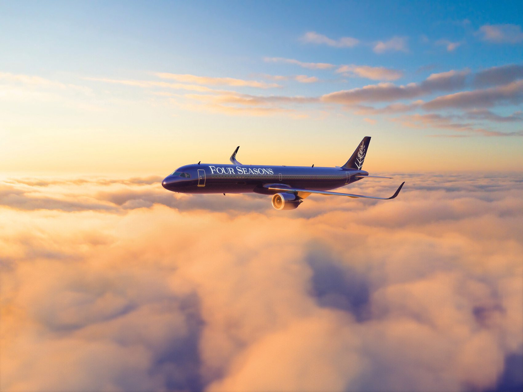 Blue airplane flying above clouds during sunset with a logo on the fuselage
