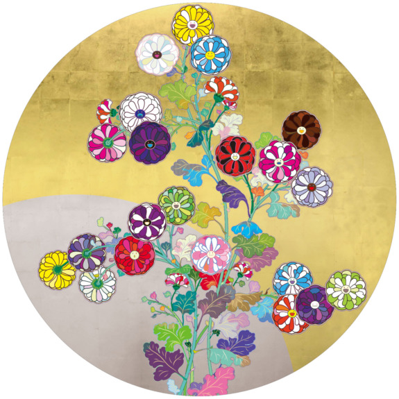 Colorful round flowers with vibrant patterns on gold and gray background painting.