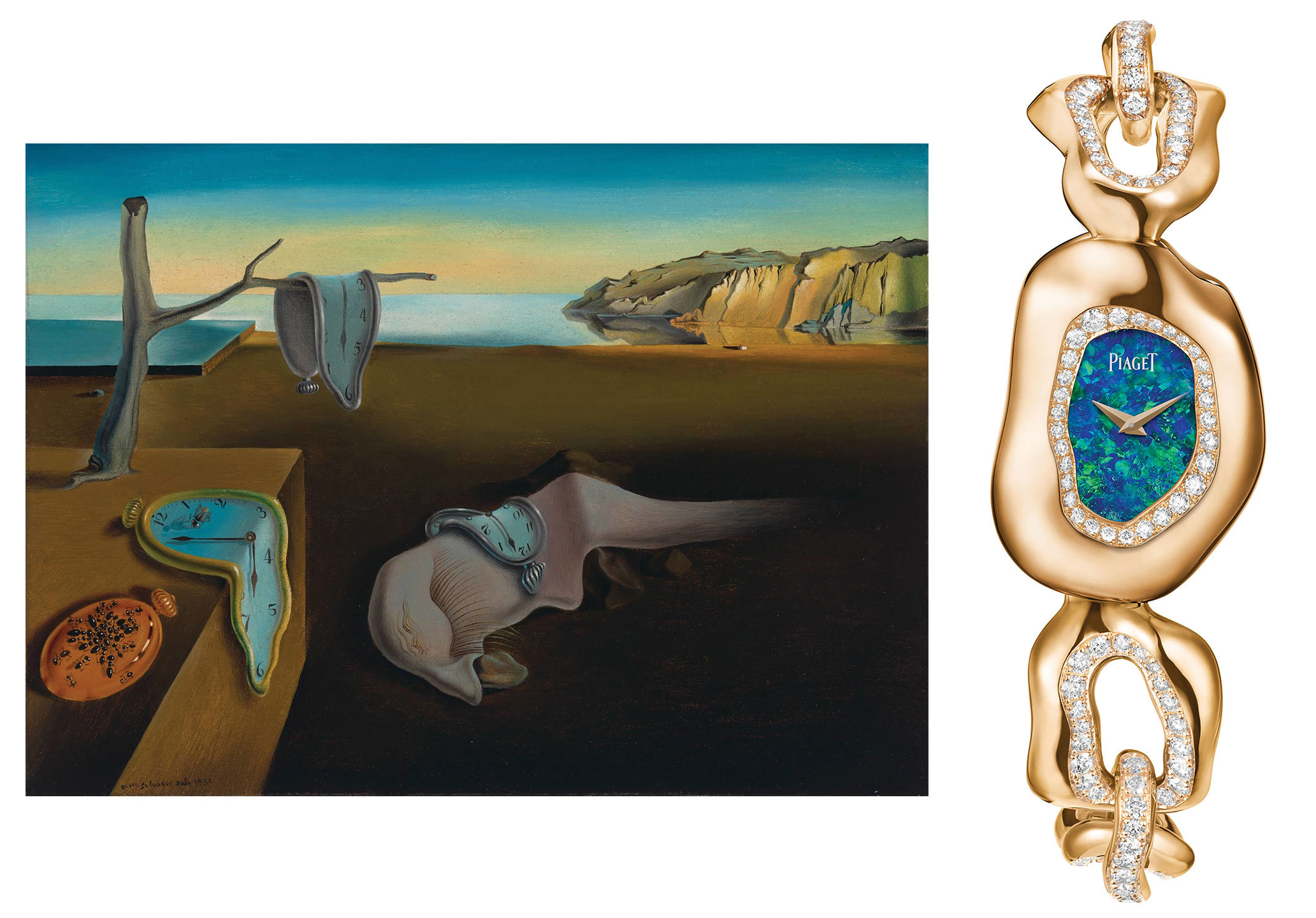 A surreal painting with melting clocks next to a luxurious gold and diamond-encrusted watch with a blue opal face.