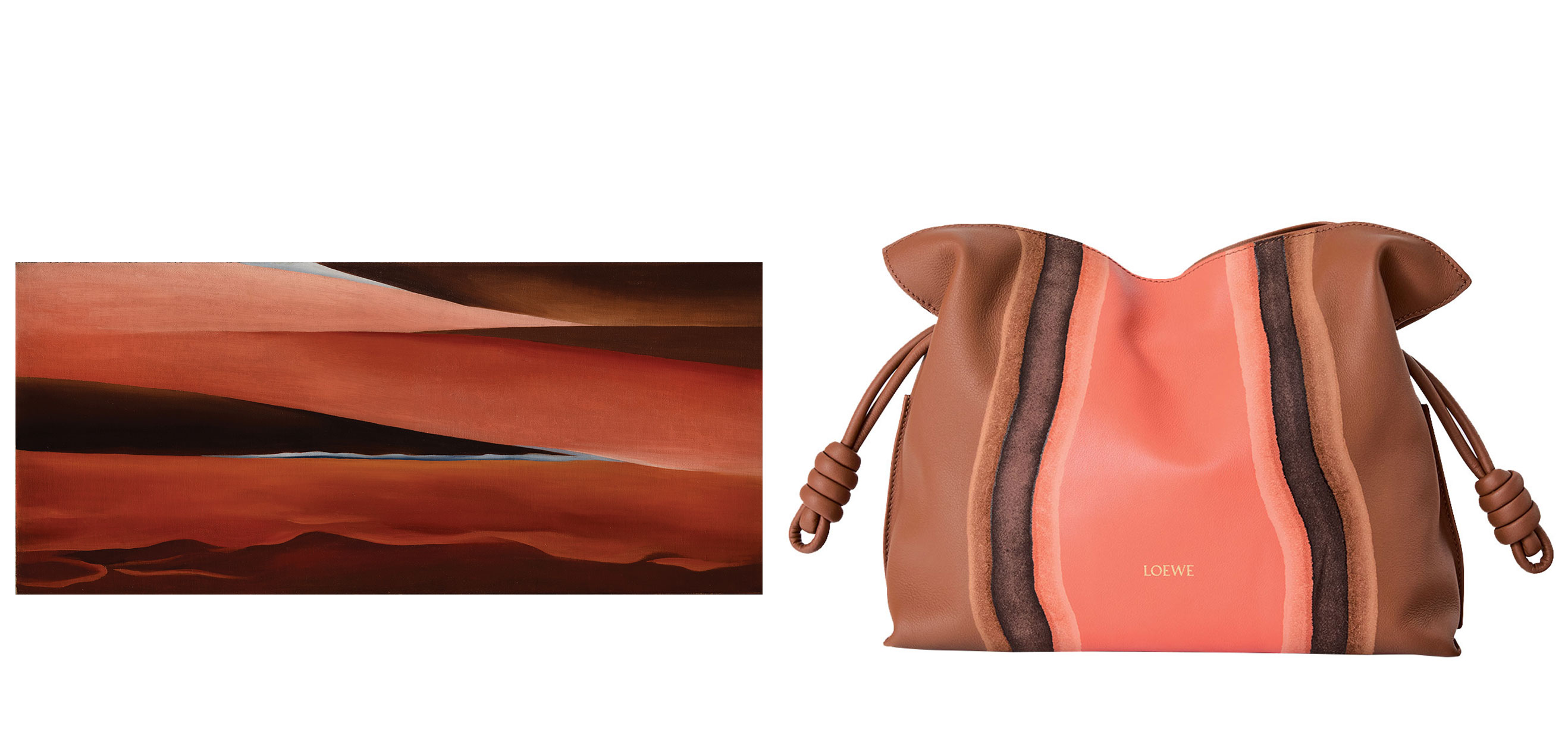 Abstract art with earth tones next to a brown and pink Loewe bag with drawstring details.