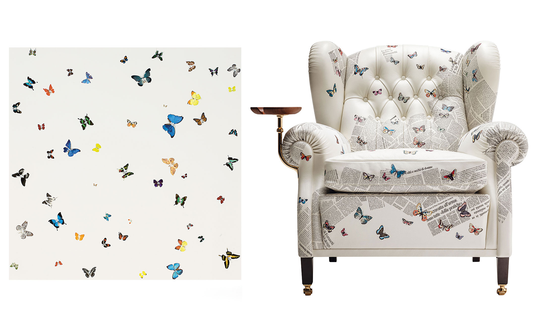Left: Pure as the Driven Snow (2007), by Damien Hirst. Right: Poltrona Frau's 1919 armchair.