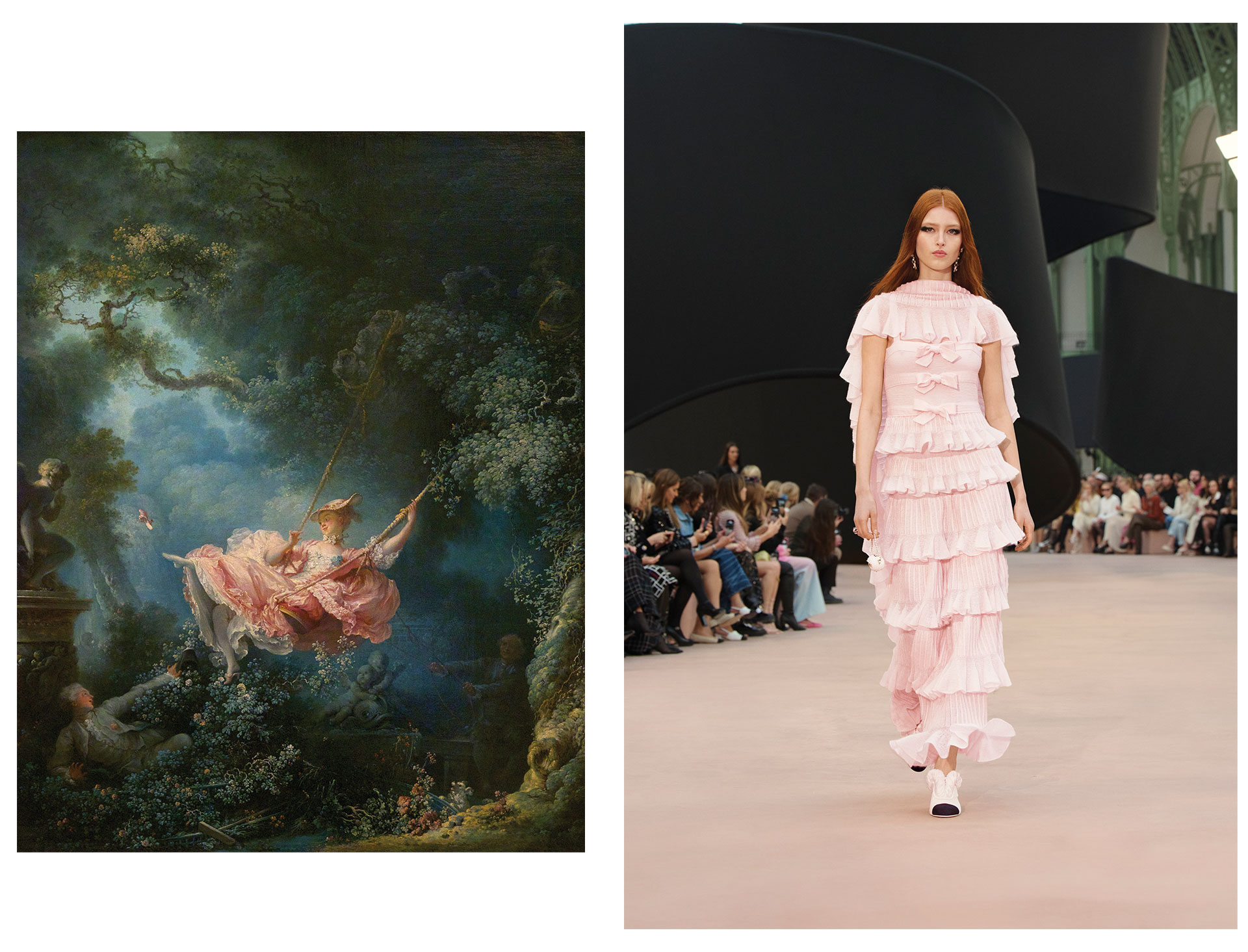 Painting of a woman on a swing and a model in a pink ruffled dress walking on a runway.