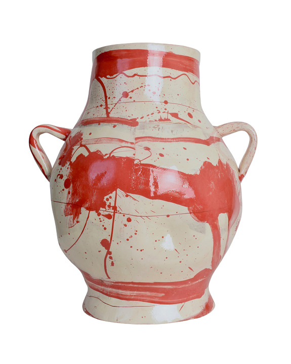 Ceramic vase with abstract red brush strokes and two side handles on a white background.