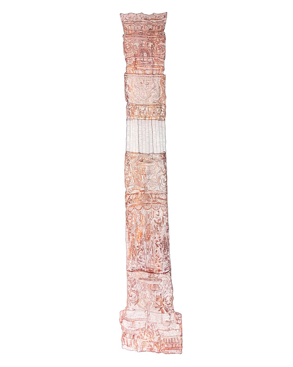Illustrated red pillar with intricate carvings and detailed patterns on a white background.
