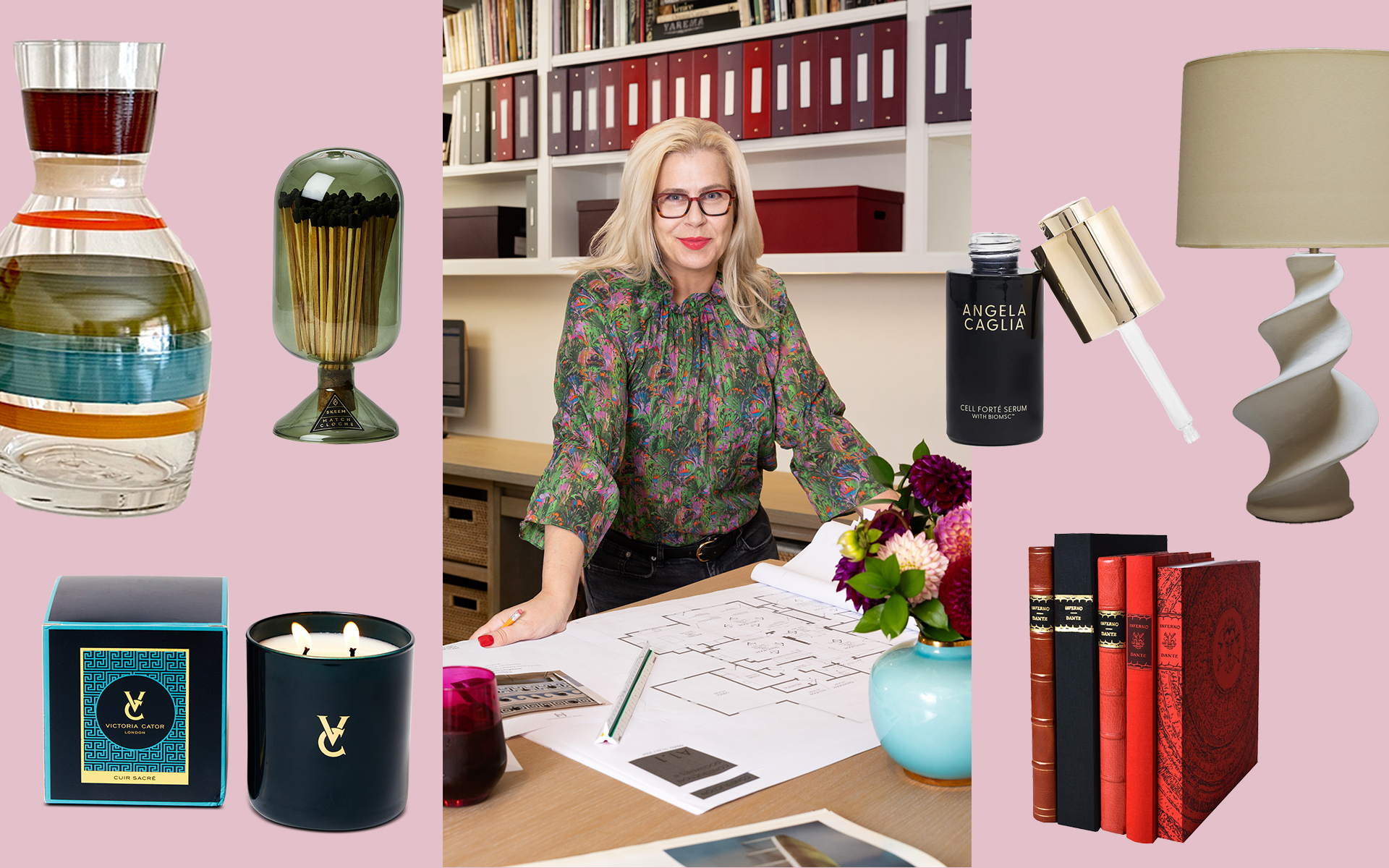 Person at desk with design plans surrounded by home decor items on a pink background.