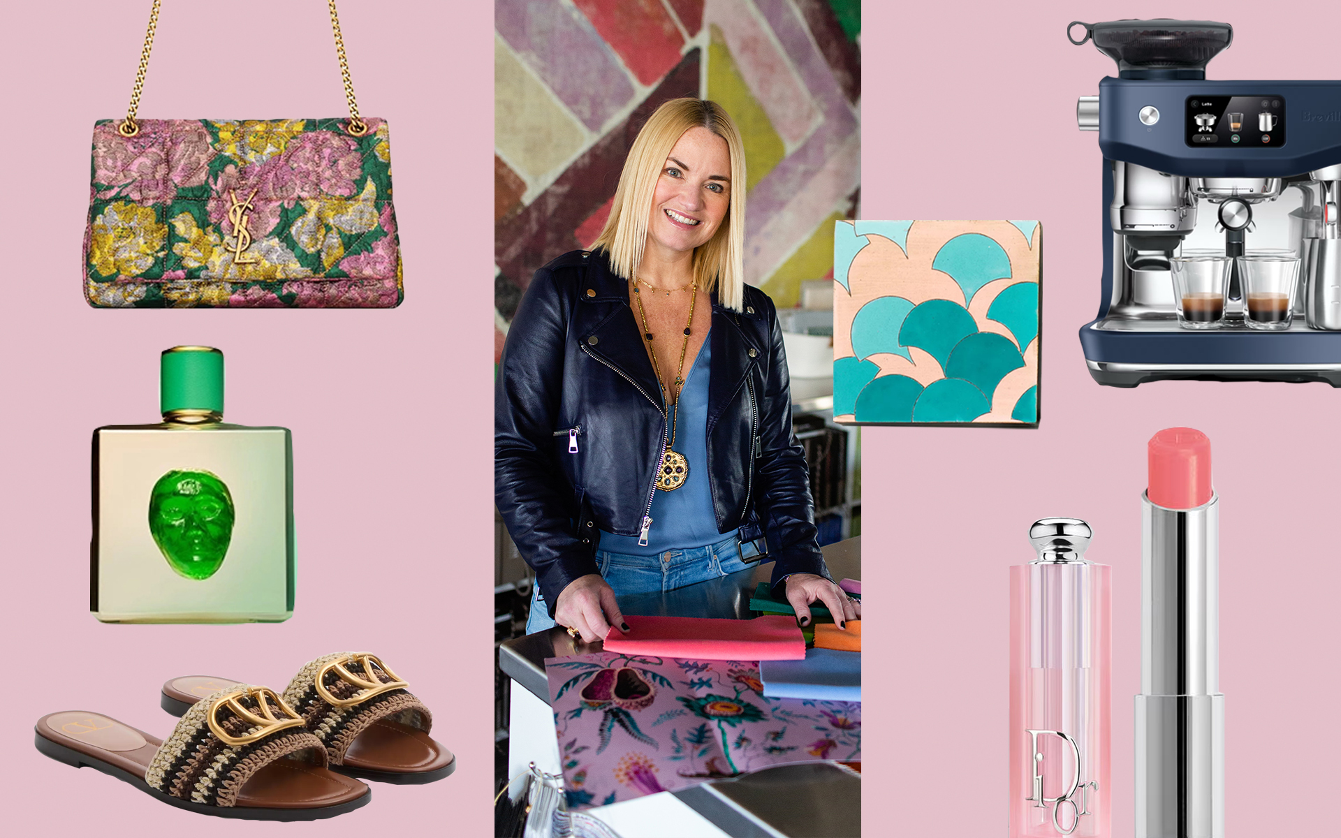 Person in a stylish outfit surrounded by luxury items like a handbag, perfume, espresso maker, lipstick, sandals, and artwork.