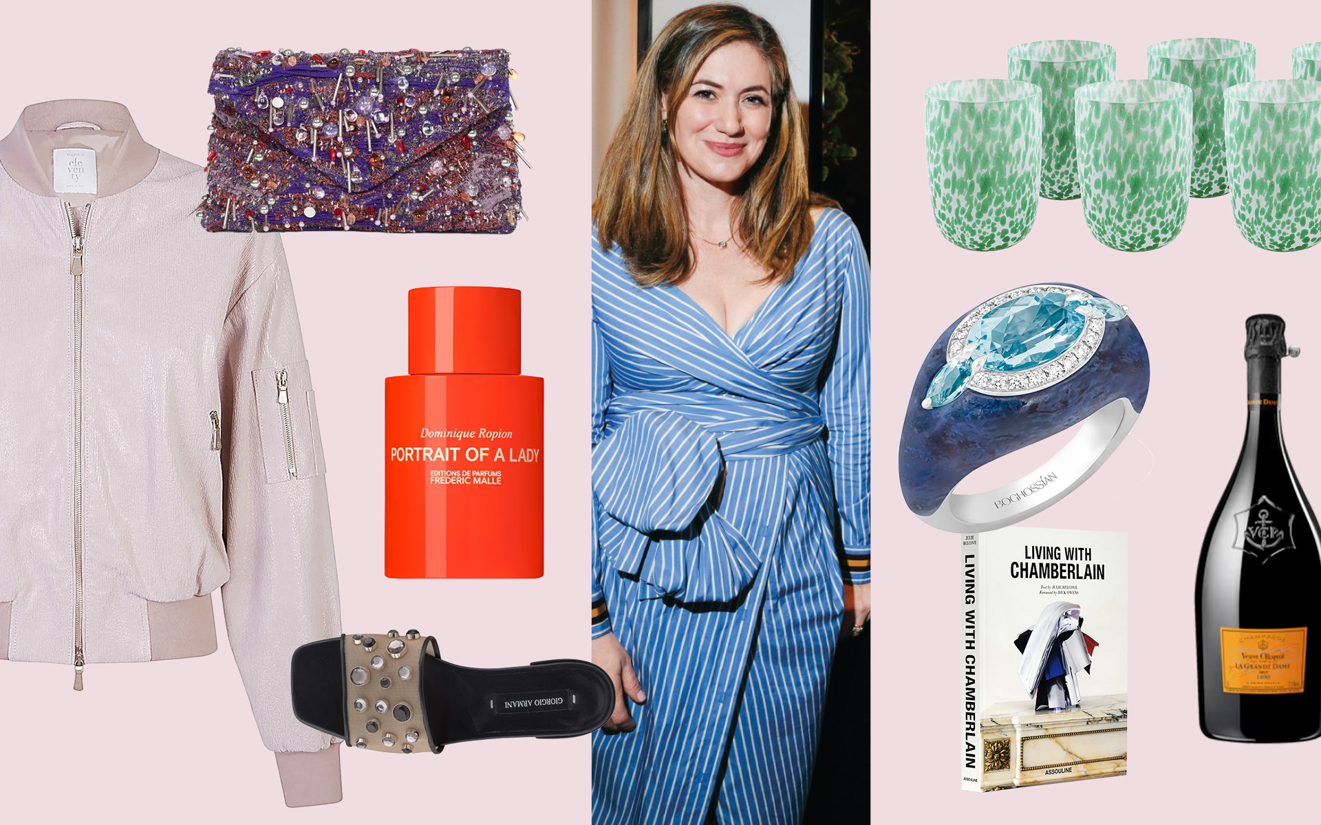 Fashion items and accessories including a jacket, perfume, jewelry, glassware, book, shoes, and a woman in a blue dress.