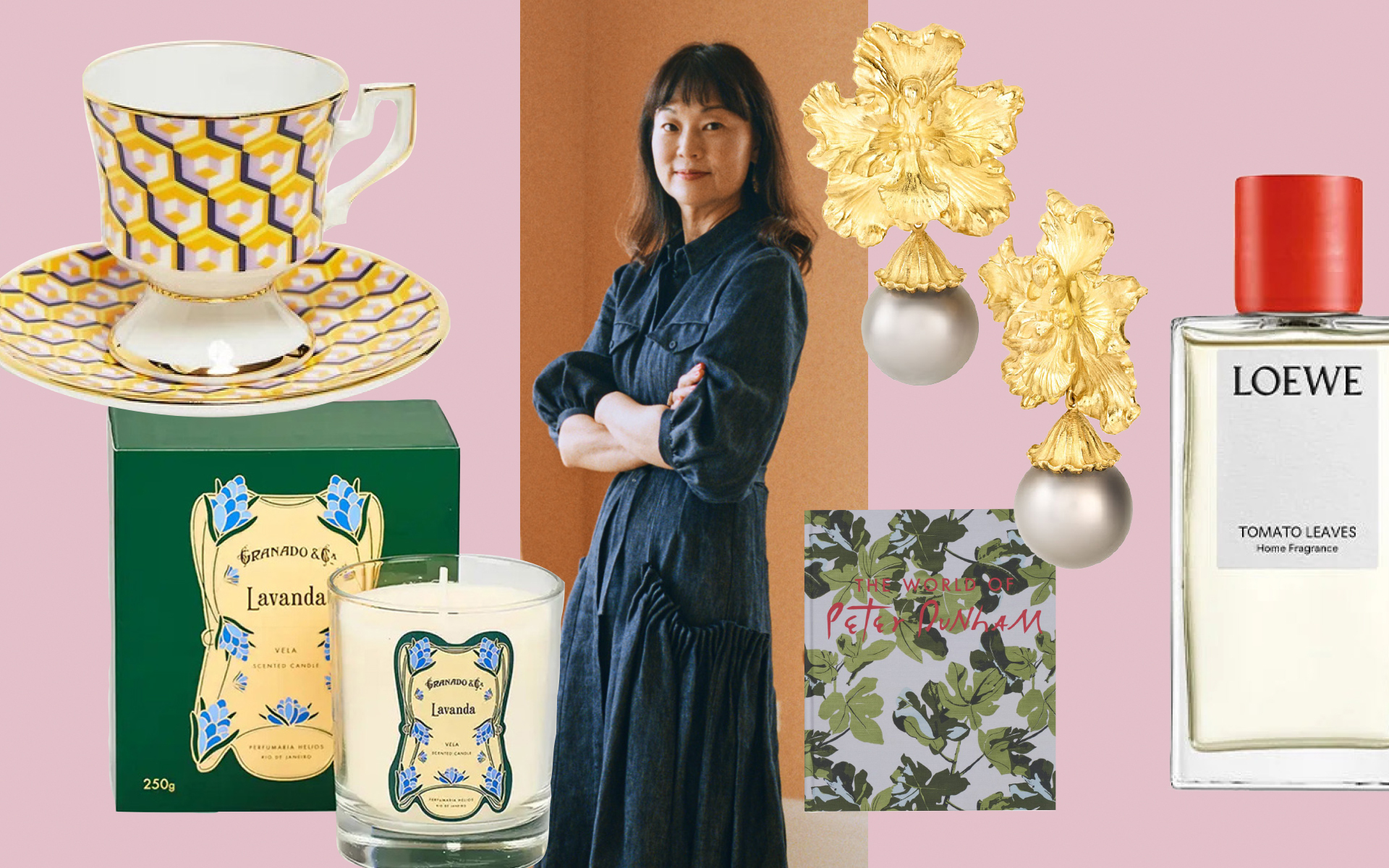 Woman in denim dress surrounded by a teacup, candle, perfume, earrings, and floral note card against a colorful backdrop.