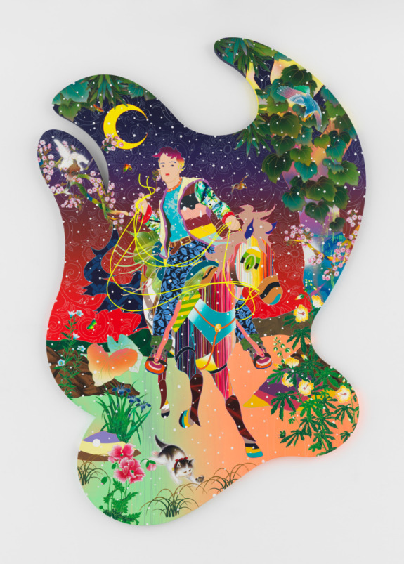 Colorful illustration of a person on horseback in a vibrant, surreal landscape with plants, animals, and a starry sky.