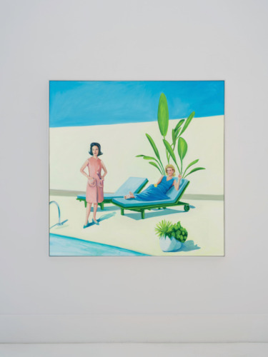Painting of two women by a pool, one standing, wearing a dress, and one reclined on a lounge chair, surrounded by plants.