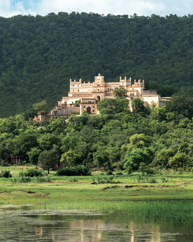 Majestic palace nestled in lush green hills with a serene lake in the foreground, surrounded by dense foliage.