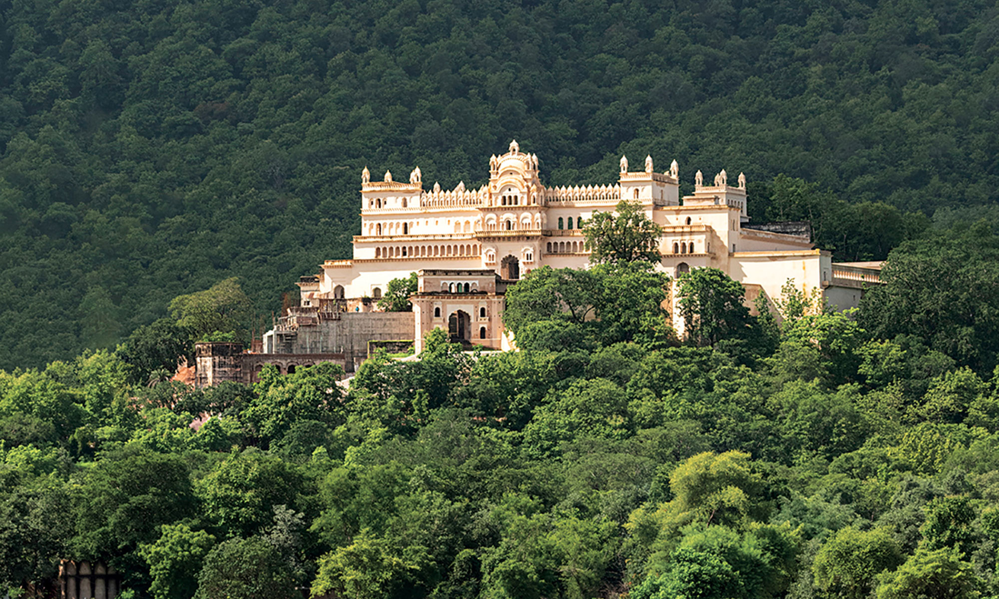 Historic palace surrounded by dense green forest and hills, showcasing beautiful architectural details and natural scenery.