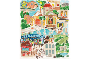 Colorful illustrated collage of European landmarks, including scenic landscapes and vibrant cityscapes.