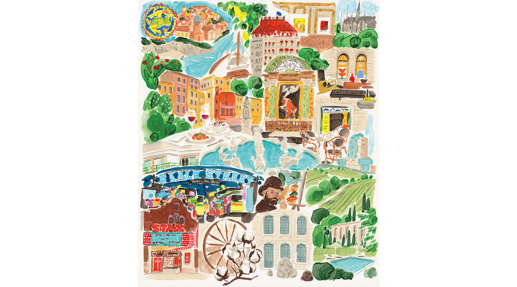 Colorful illustrated collage of European landmarks, including scenic landscapes and vibrant cityscapes.