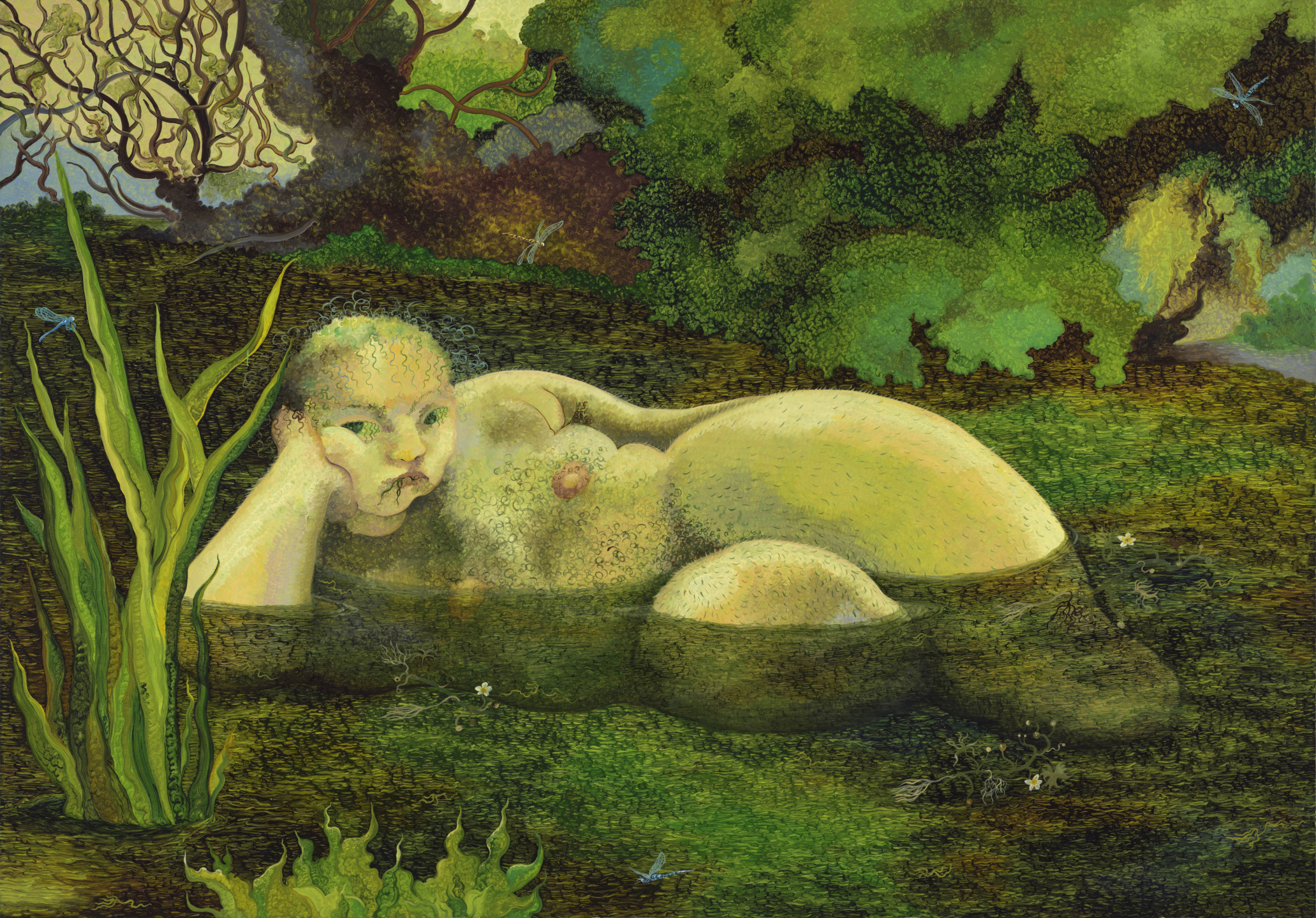 Surreal painting of a figure relaxing in a lush, green forest with scattered foliage and a serene expression.