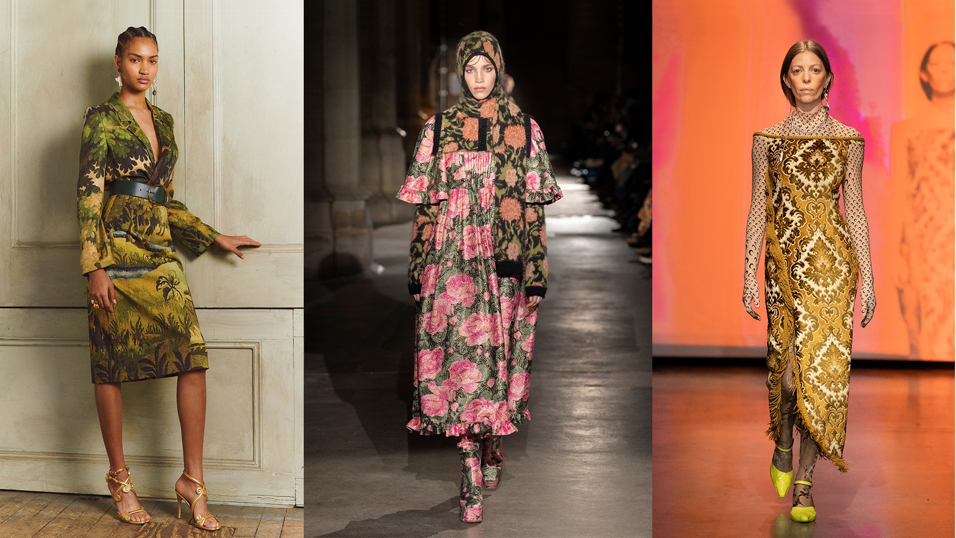 Three models showcasing diverse fashion styles: a tropical print dress, a floral ensemble, and a patterned gold dress on a runway.
