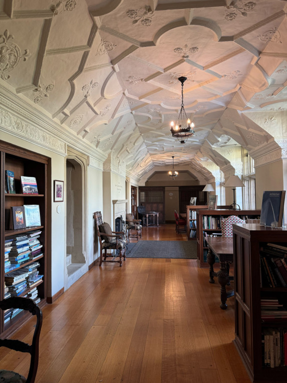 Library hallway with ornate vaulted ceiling, wooden shelves filled with books, and vintage chairs and tables.