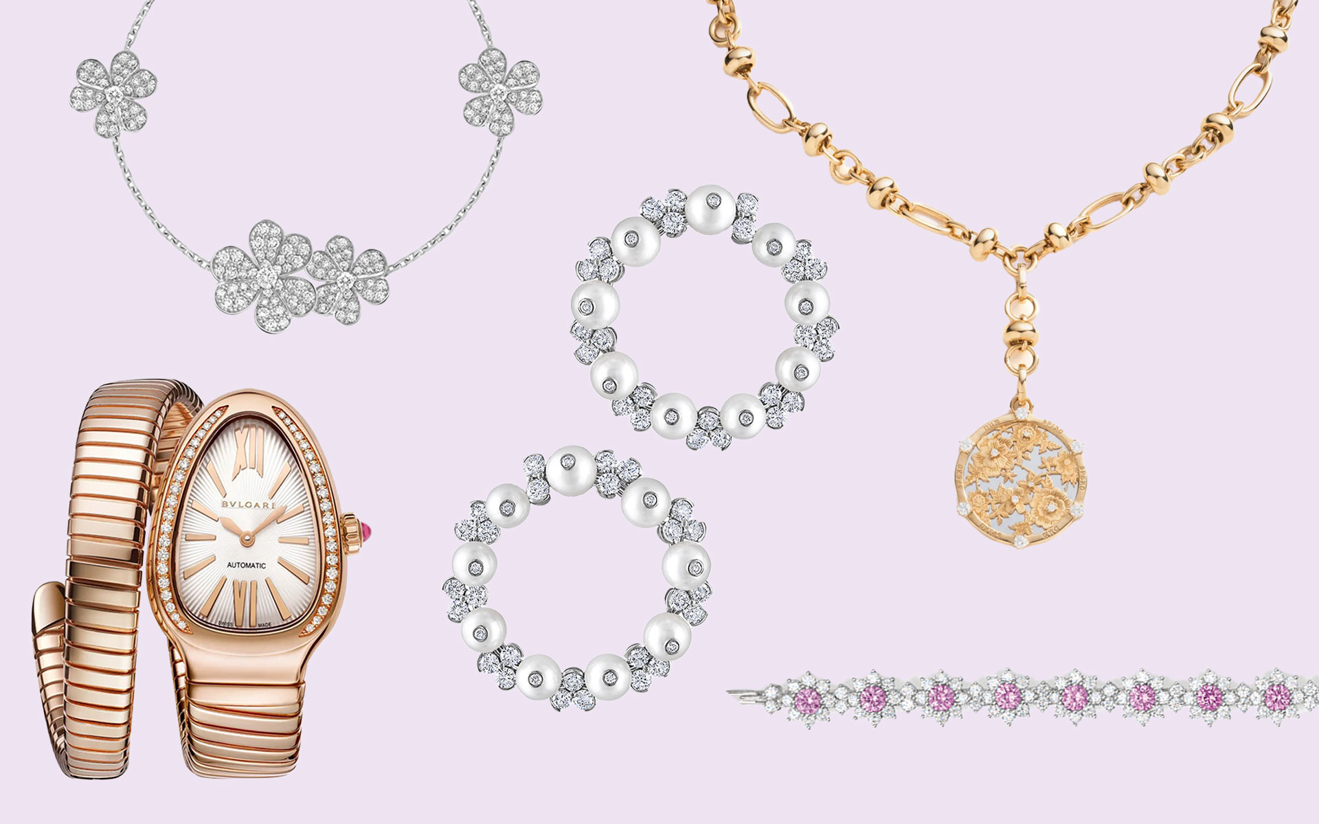 Assorted luxury jewelry and watches featuring pearls, diamonds, gold, and silver with intricate designs on a light background.