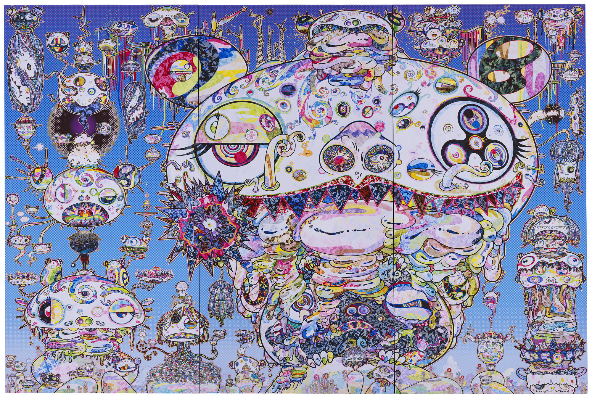 Colorful abstract art featuring whimsical, cartoonish creatures with large eyes and various patterns against a blue background.