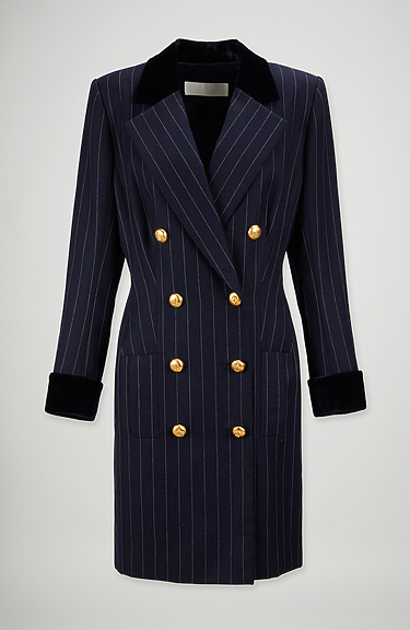 Navy blue pinstripe double-breasted coat with gold buttons and black velvet collar and cuffs, shown on a plain background.