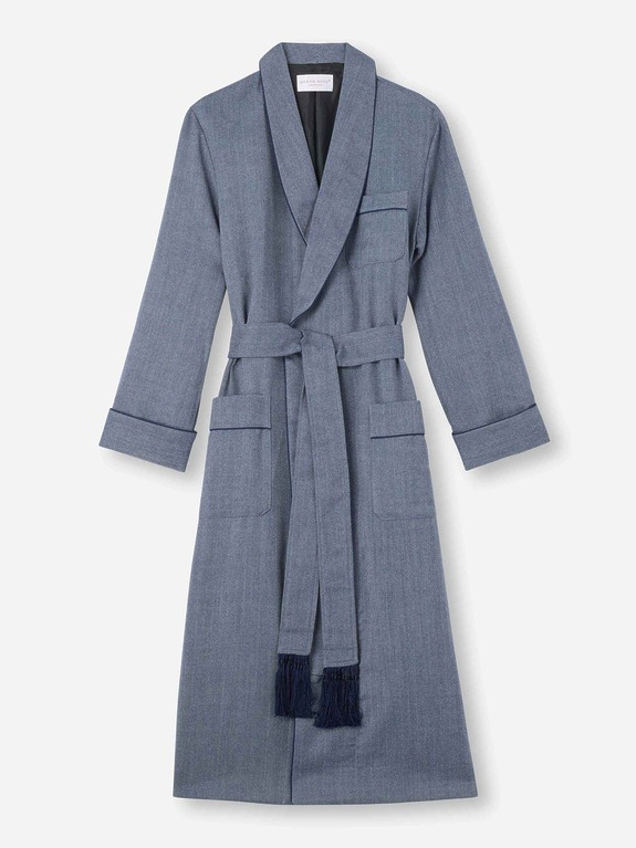 Gray belted robe with navy trim, featuring front pockets and a shawl collar, displayed on a plain white background.
