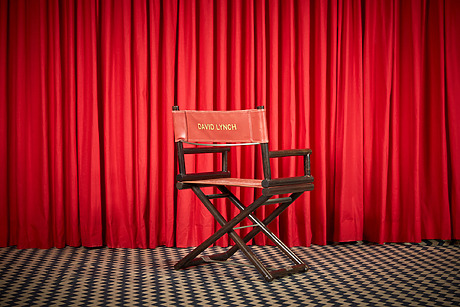 Director's chair with red fabric and wooden frame in front of matching red theater curtain and checkered floor.