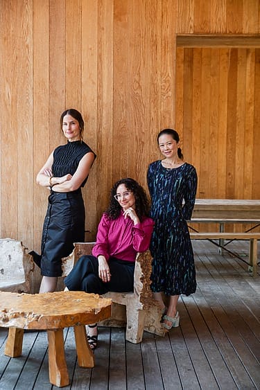 Three women standing and sitting on wooden furniture in a room with wooden walls and flooring
