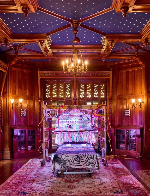 Elaborate wooden room with ornate ceiling features a vibrant, colorful art installation on a platform with a tiger motif rug.