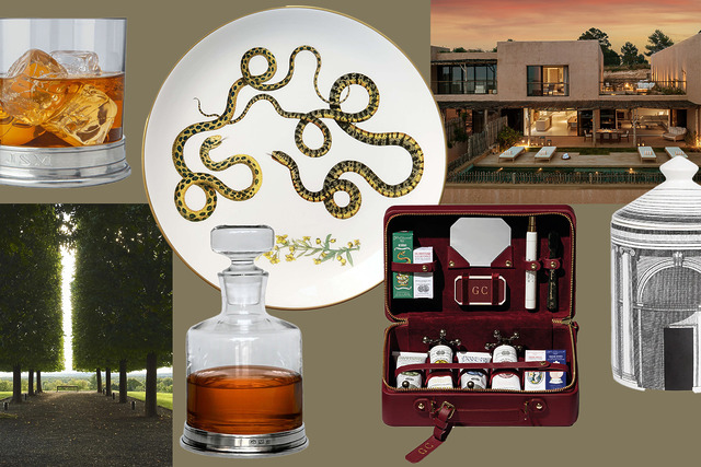 Collage of a drink, snake plate, villa, trees, decanter, cocktail set, and classical architectural drawing.