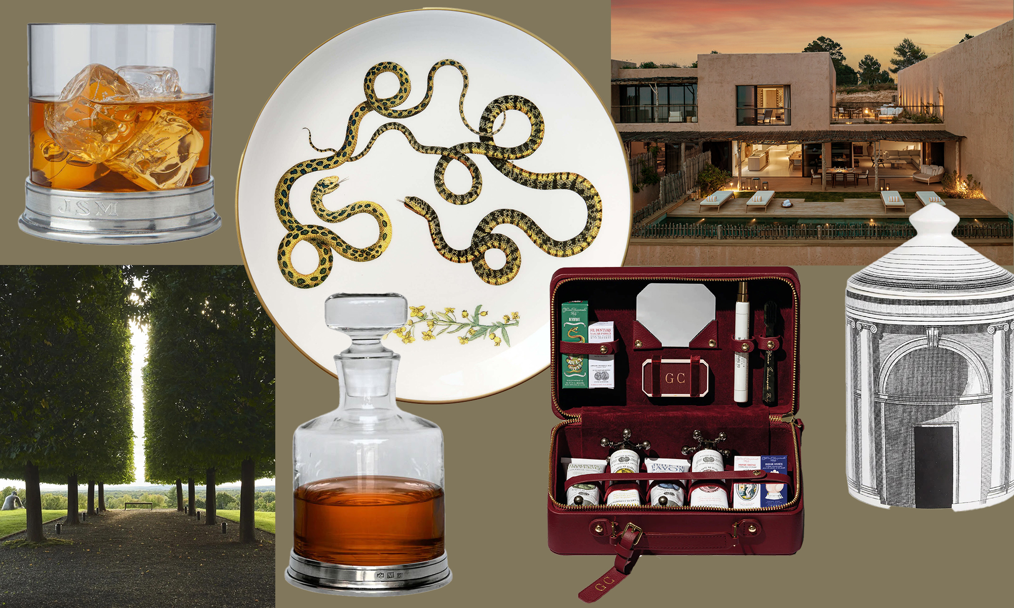 Collage of a drink, snake plate, villa, trees, decanter, cocktail set, and classical architectural drawing.